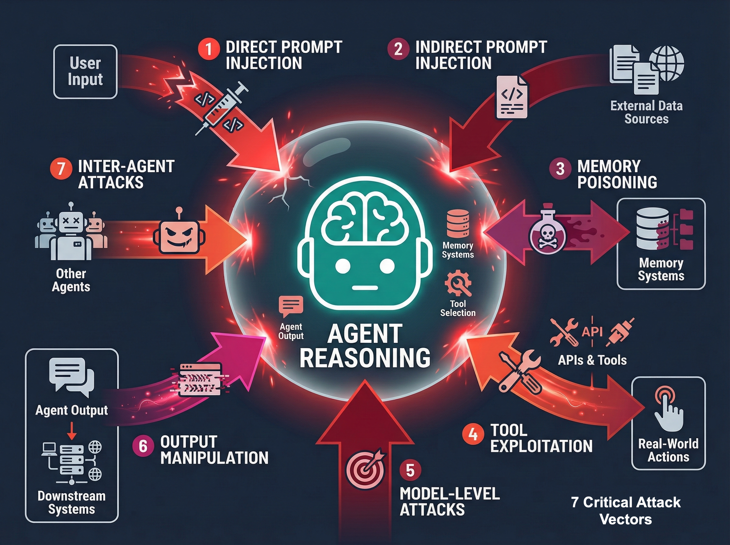 AI Agent Attack Surface: Seven critical attack vectors targeting agent systems - 1. Direct Prompt Injection from User Input, 2. Indirect Prompt Injection from External Data Sources, 3. Memory Poisoning targeting Memory Systems, 4. Tool Exploitation through APIs and Tools, 5. Model-Level Attacks, 6. Output Manipulation affecting Downstream Systems, 7. Inter-Agent Attacks from Other Agents