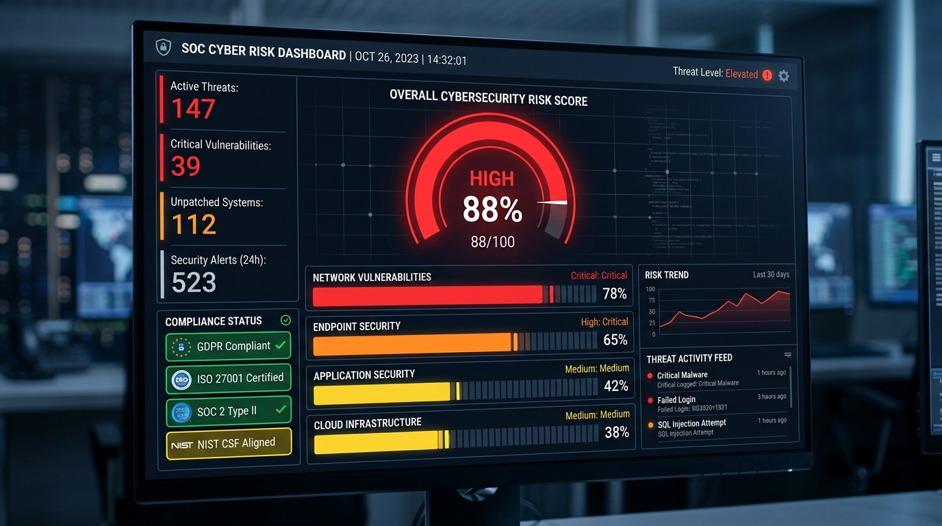 Risk scoring dashboard showing CVSS-inspired risk assessment with compliance mapping