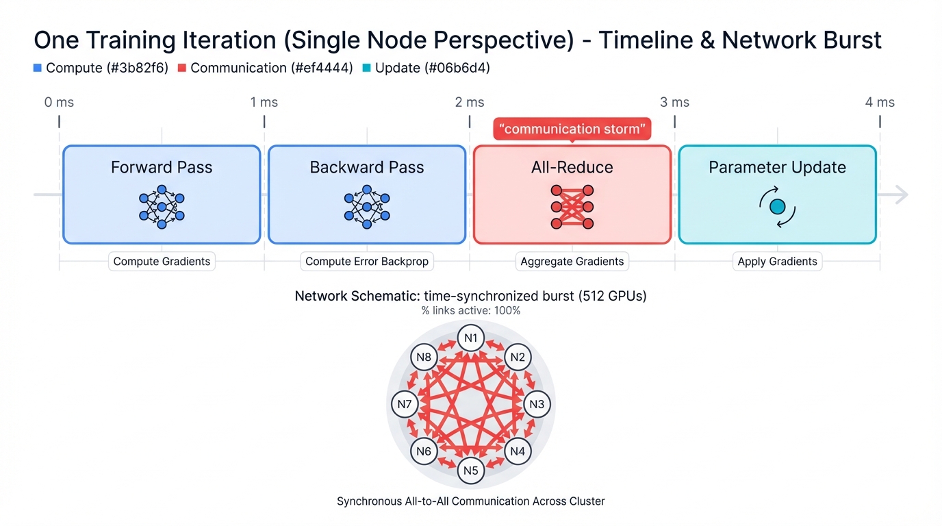 Synchronized Training Phases and Communication Storms