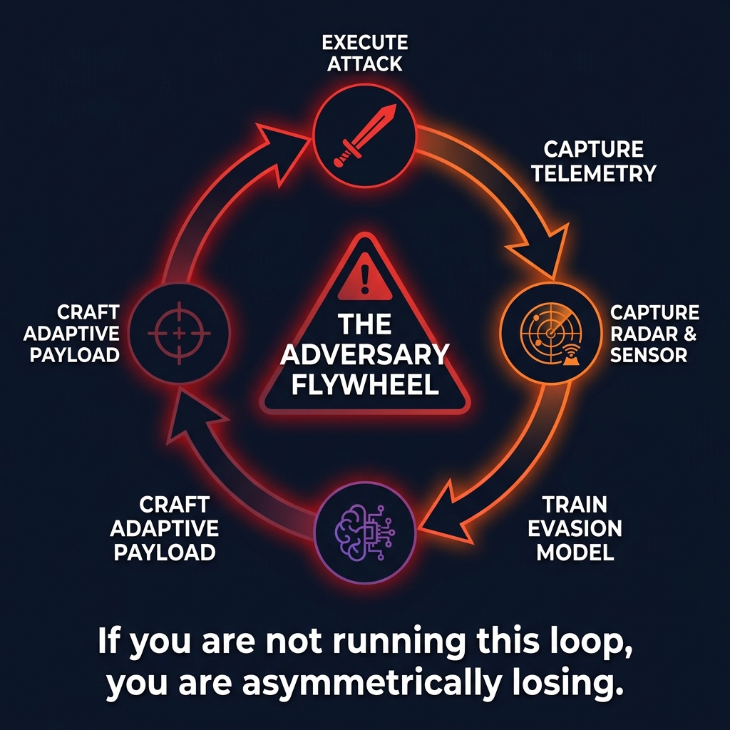 The Adversary Flywheel: execute, capture telemetry, train evasion model, craft adaptive payload - repeat. If you are not running this loop, you are asymmetrically losing.