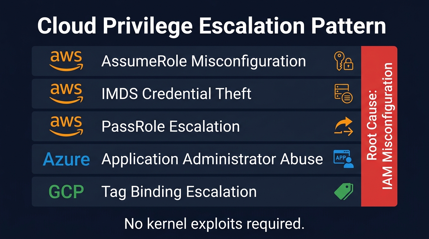 Five cloud privilege escalation patterns across AWS, Azure, and GCP. Root cause: IAM misconfiguration. No kernel exploits required.