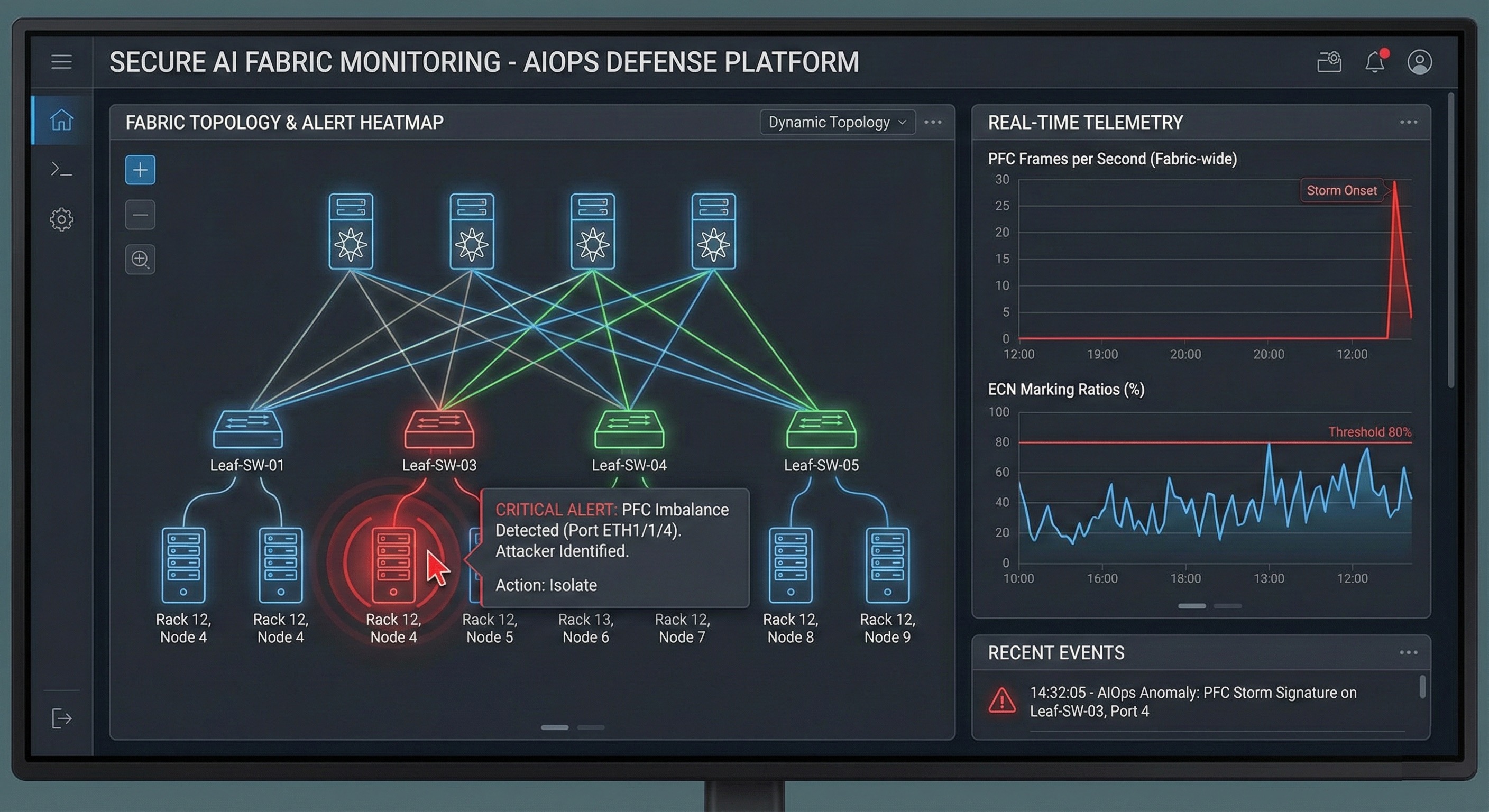 AI fabric security monitoring dashboard showing real-time telemetry for PFC pause frames, ECN marking rates, CNP generation, and bandwidth utilization