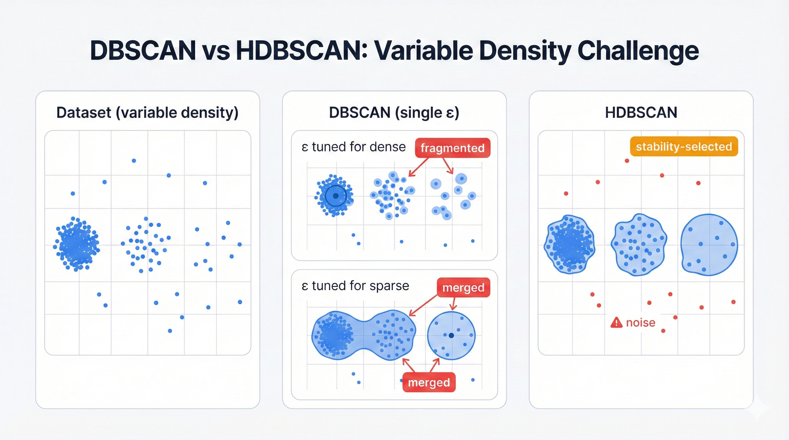 Side-by-side comparison of DBSCAN and HDBSCAN on variable-density data showing HDBSCAN's superior handling of clusters with different densities