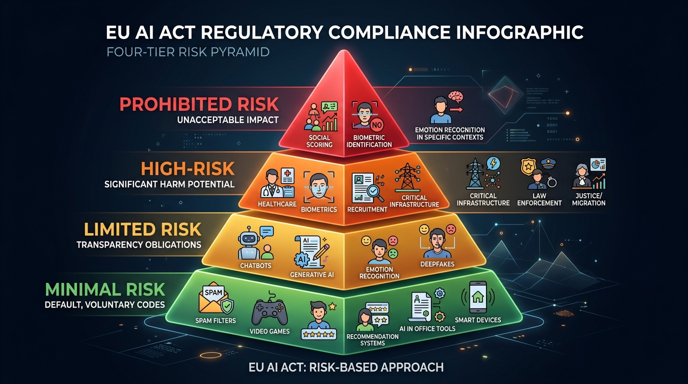Four-tier risk pyramid showing prohibited, high-risk, limited-risk, and minimal-risk AI categories
