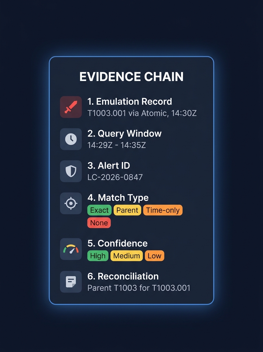 Anatomy of an evidence chain: emulation record, query window, alert ID, match type, confidence, and reconciliation notes.