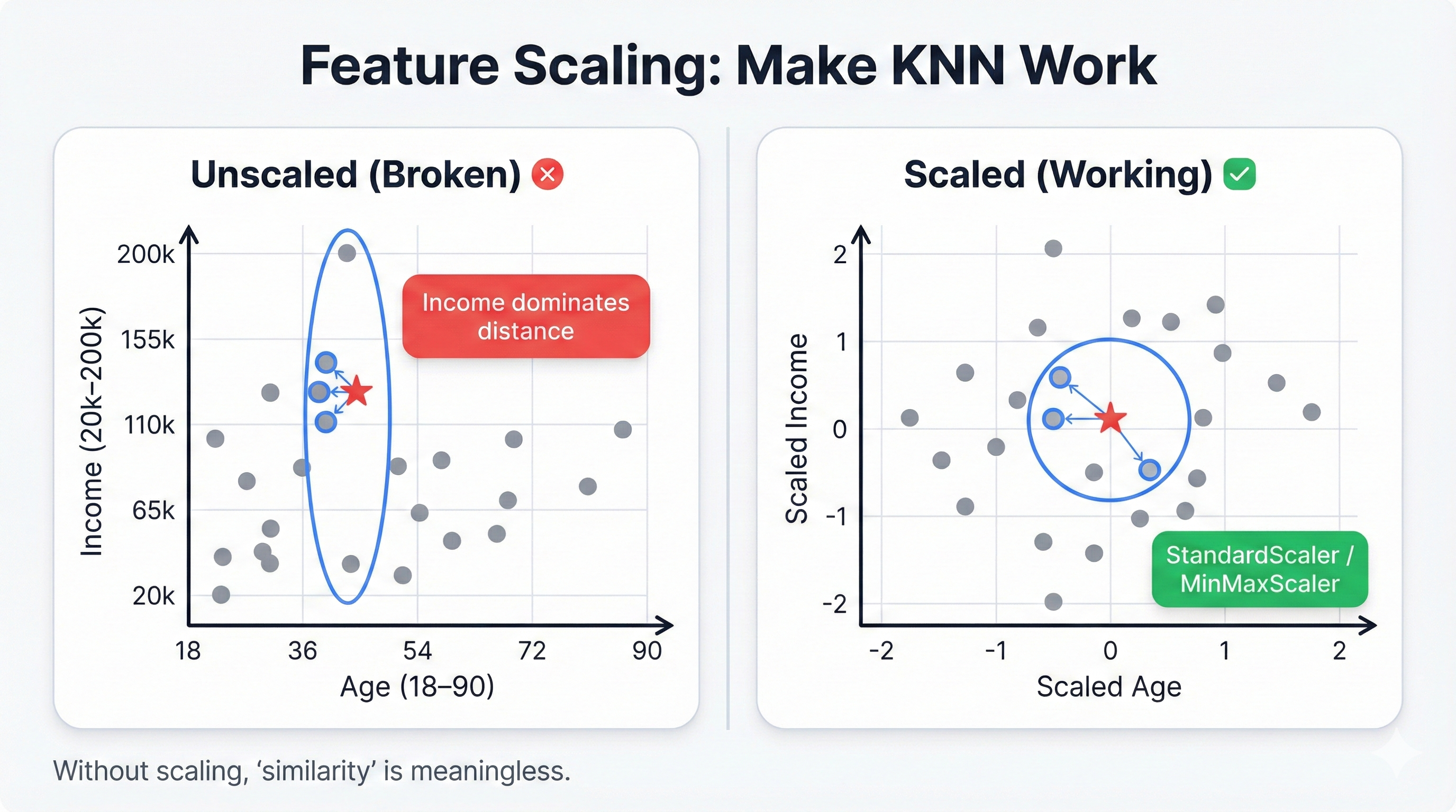 Feature scaling impact on KNN showing how unscaled features with different ranges dominate distance calculations and distort neighbor selection