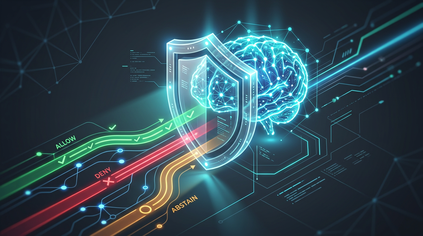 IntentGuard architecture: a DeBERTa-v3 classifier sitting upstream of an LLM, routing queries to ALLOW, DENY, or ABSTAIN before the model ever processes them