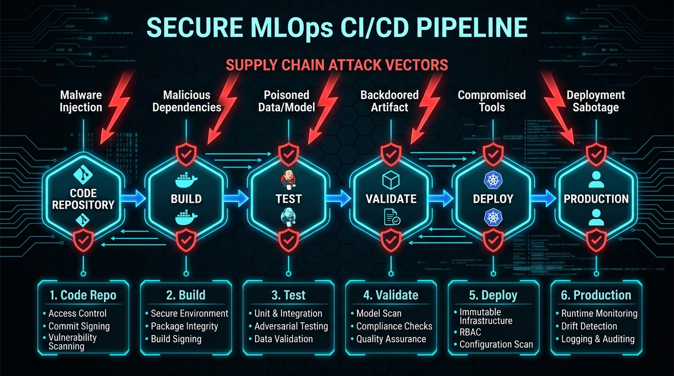 MLOps CI/CD security pipeline diagram showing security controls at each stage