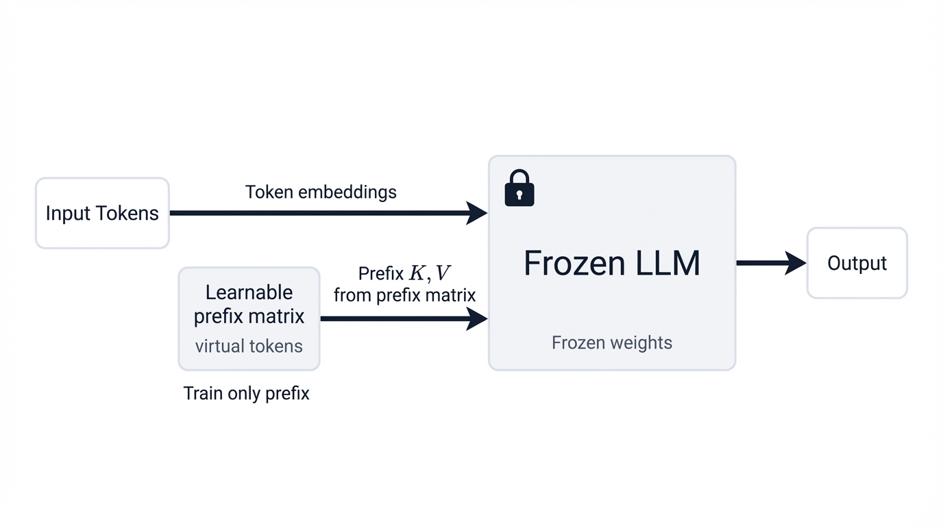 Prefix Tuning Mechanism (Frozen LLM + Learnable Prefix)