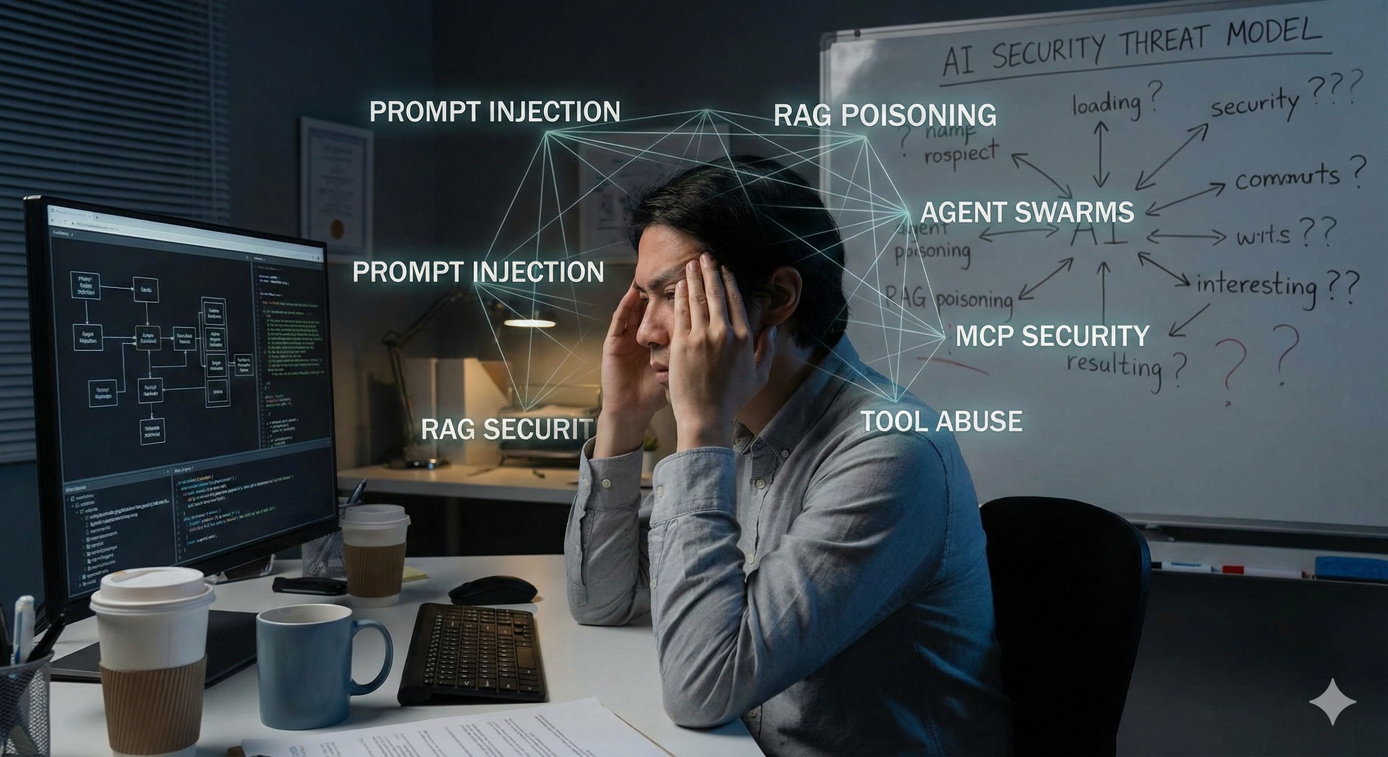 Security engineer facing complex AI security threat model with prompt injection, RAG poisoning, agent swarms, and MCP security concerns