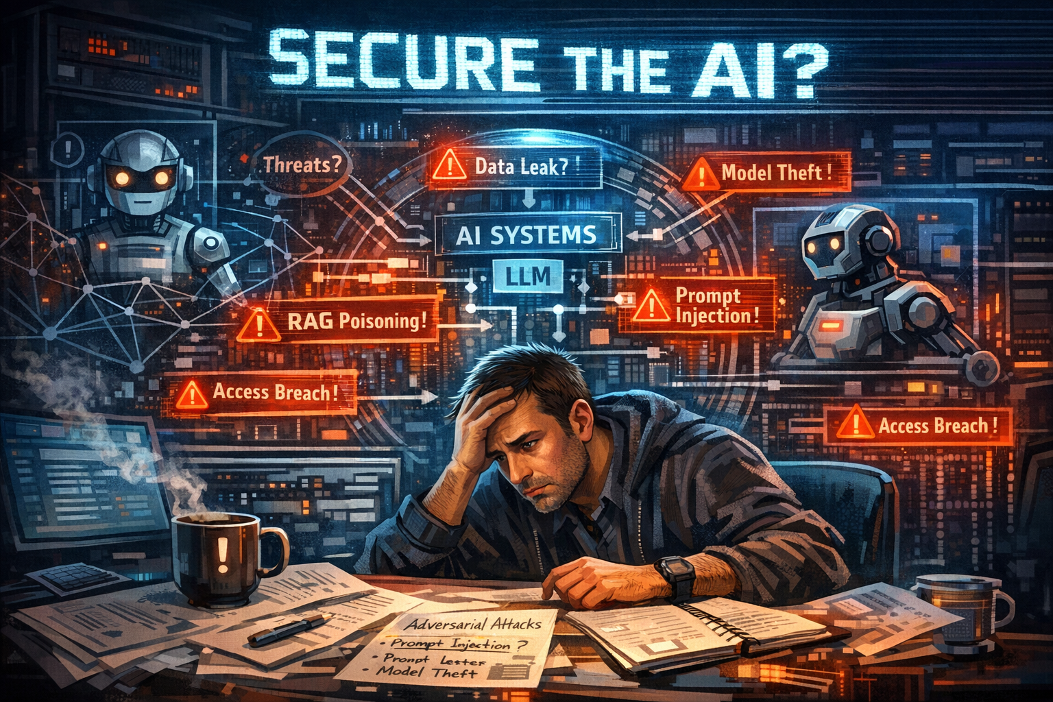 Security engineer overwhelmed by AI security threats - prompt injection, RAG poisoning, model theft, and access breaches