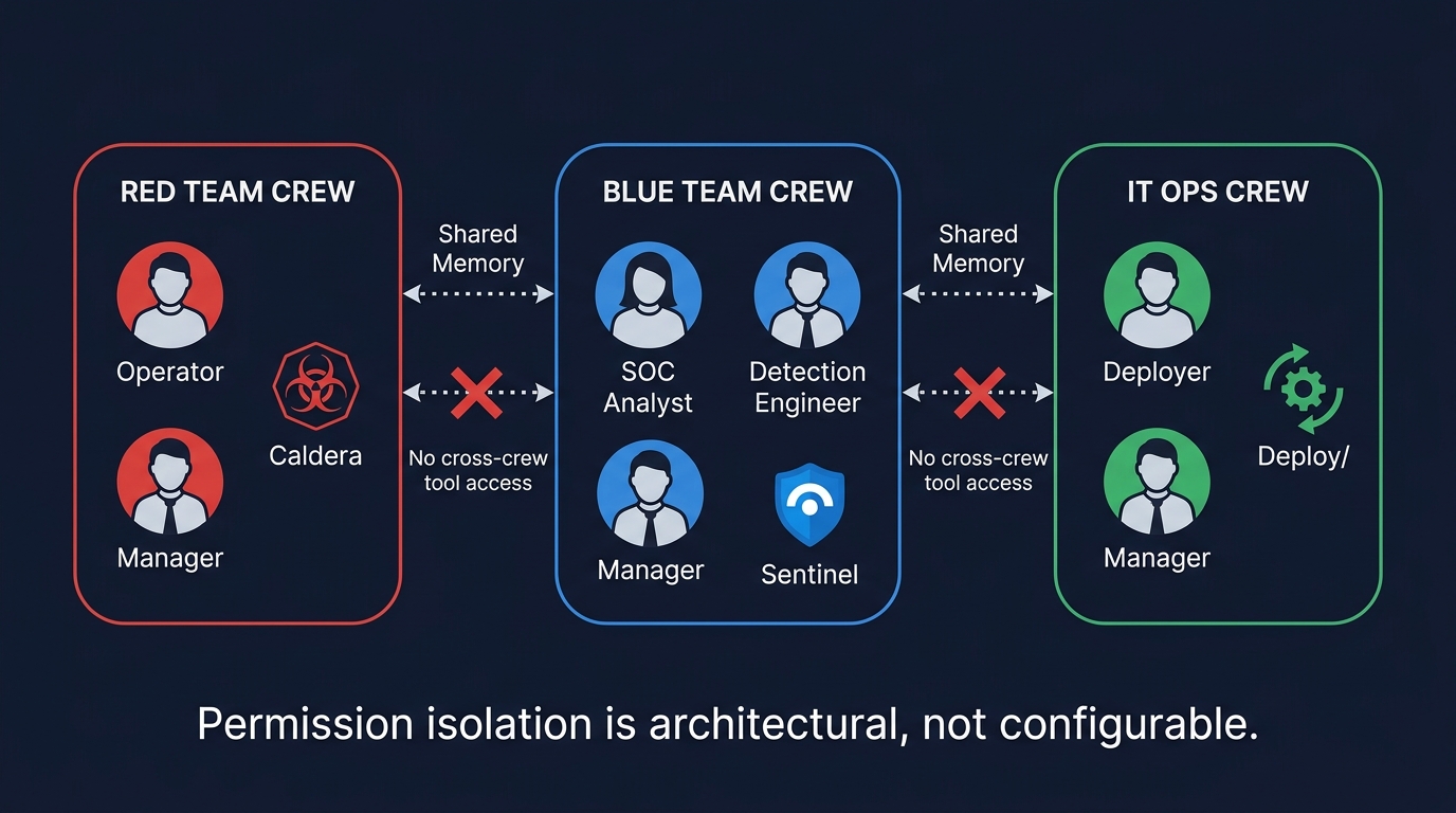 PurpleCrew multi-crew architecture: Red, Blue, and IT Ops crews with isolated tool access. No cross-crew tool access. Permission isolation is architectural, not configurable.