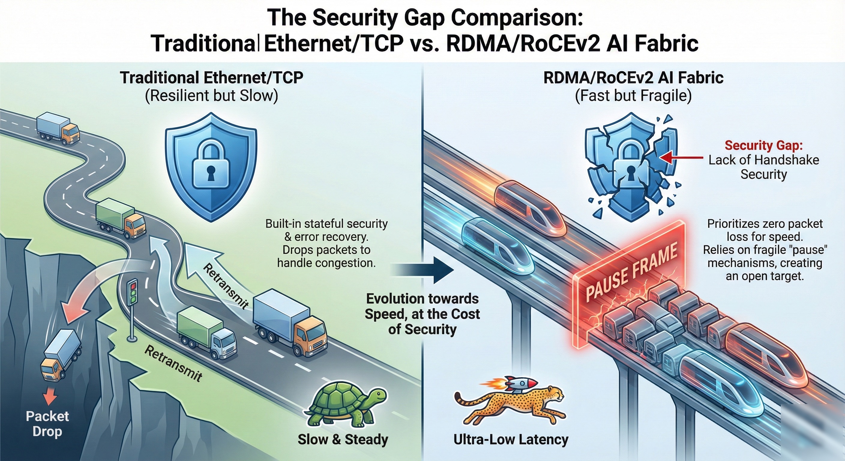 Security gap visualization showing the disconnect between traditional network security and AI fabric protocol-level vulnerabilities