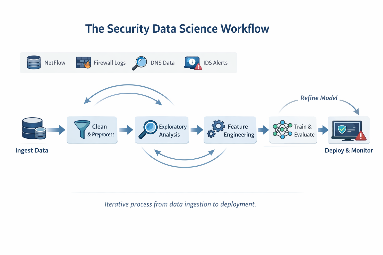 Security Data Science Workflow showing the iterative process from data ingestion through cleaning, exploratory analysis, feature engineering, and model training