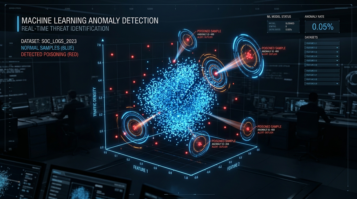 Machine learning anomaly detection: 3D scatter plot showing normal blue data clusters with red poisoned sample outliers identified by detection algorithms