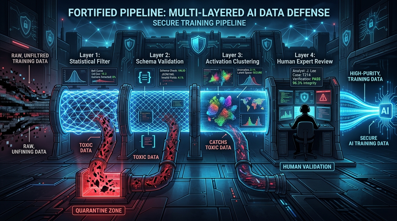 Multi-layered AI data defense pipeline: statistical filtering, schema validation, activation clustering, and human expert review