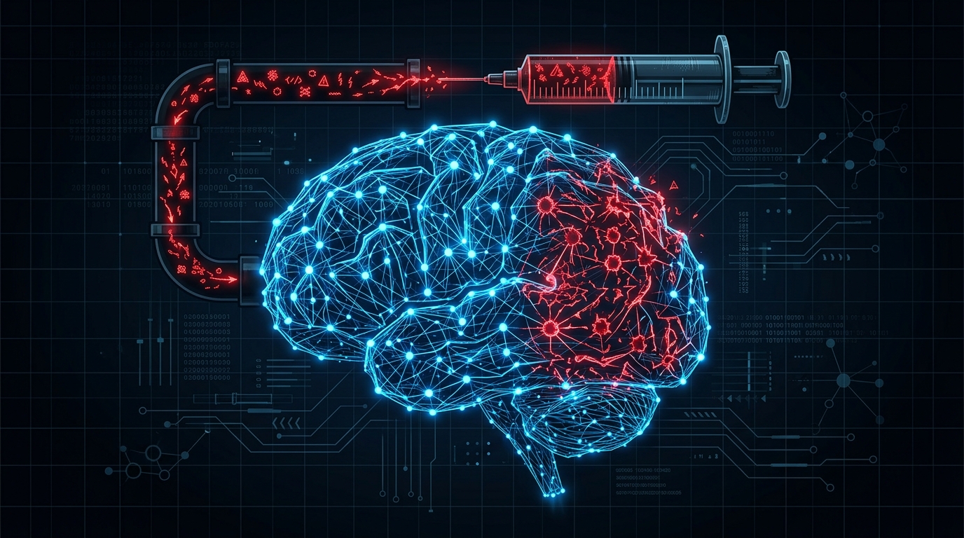 Training data poisoning attack concept - toxic data being injected into a neural network