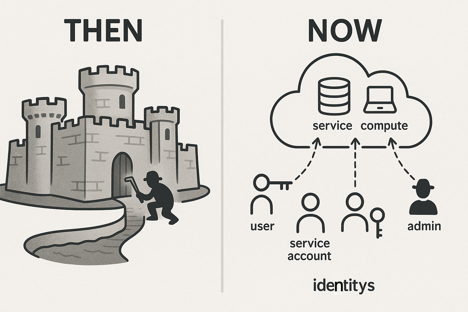 Security Perimeter Evolution: Traditional castle-and-moat security model compared to modern identity-centric cloud security