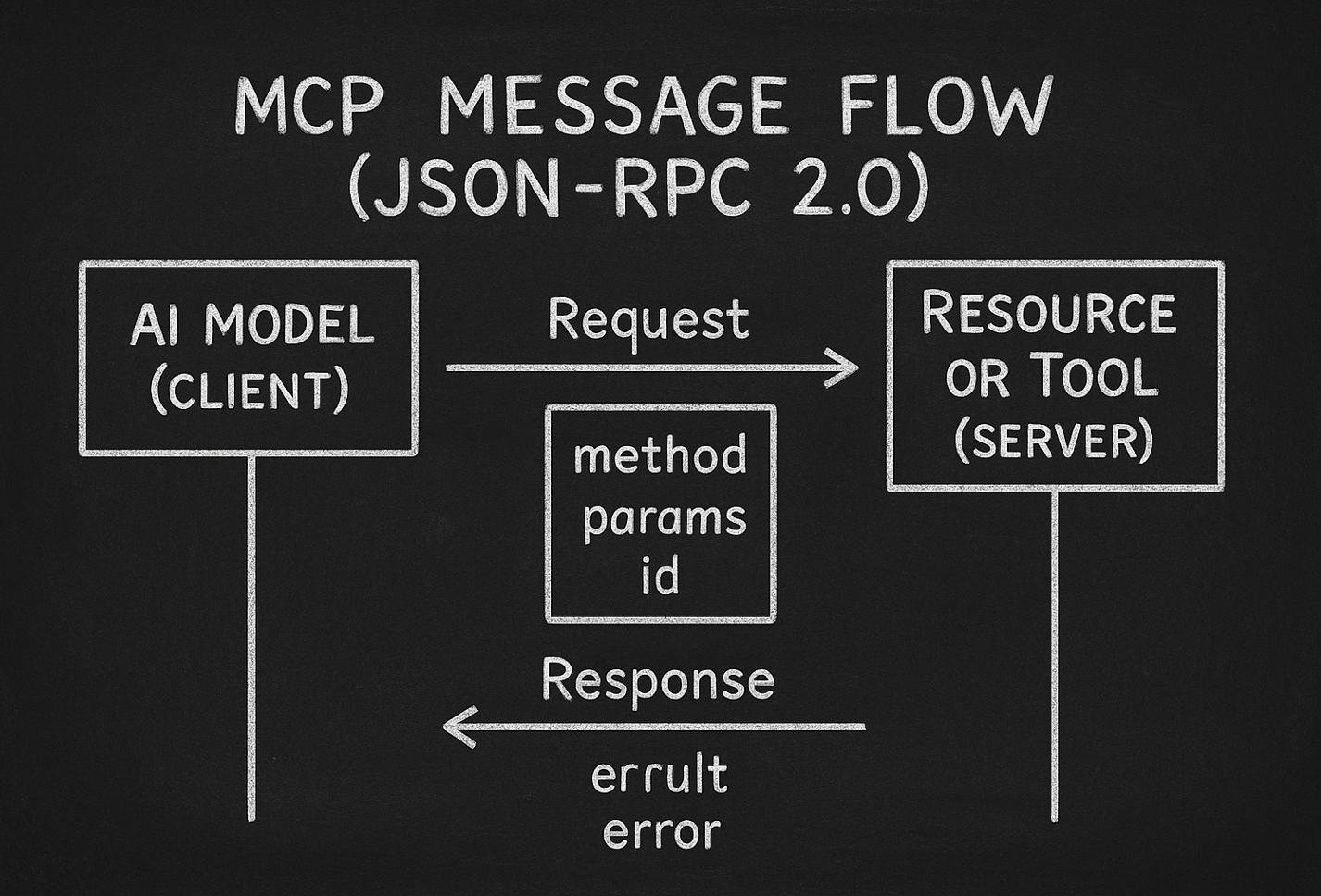 MCP Message Flow using JSON-RPC 2.0 showing request/response pattern between AI Model Client and Resource/Tool Server with method, params, and error handling