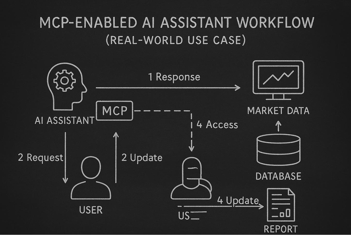 MCP-enabled AI Assistant Workflow showing real-world use case with user requesting analysis, AI accessing market data and database through MCP, and generating reports