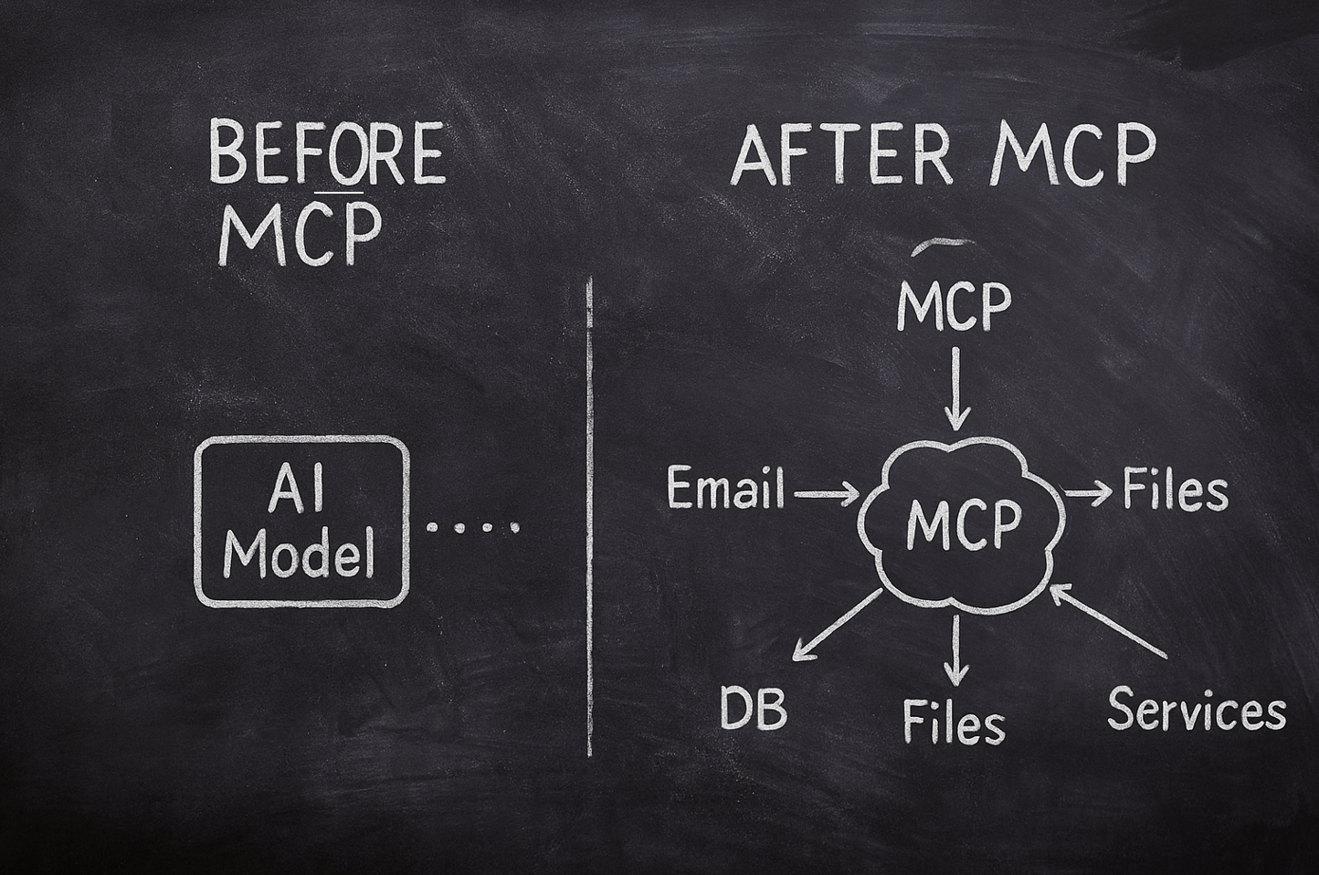 Before and After MCP comparison showing isolated AI model versus MCP-connected AI with access to email, database, files, and services
