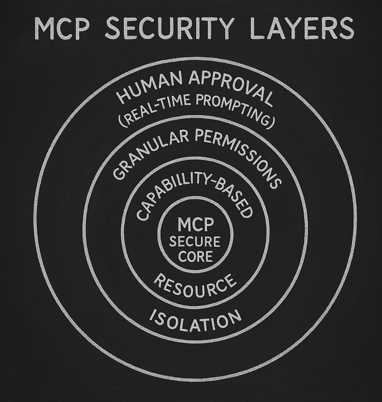 MCP Security Layers showing concentric circles of protection: MCP Secure Core, Resource Isolation, Capability-based Permissions, Granular Permissions, and Human Approval layers